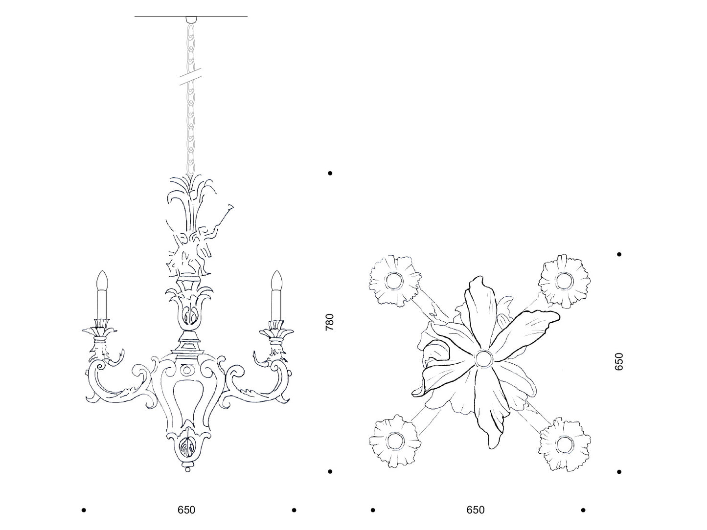 Technische Zeichnung des barocken Kronleuchters „Conrad“, vier Flammen; Ø/Spannweite 650 mm, Höhe 780 mm.
Technical drawing of the baroque “Conrad” chandelier, four lights; 650 mm span, 780 mm high.