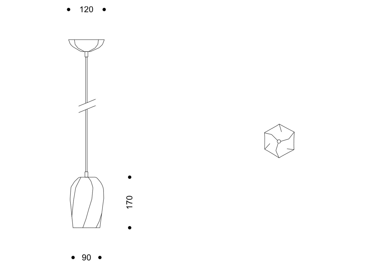 Technische Zeichnung Lightscape α, schmale Pendelleuchte; Schirm Ø 90 mm, Höhe 170 mm.
Technical drawing Lightscape α, slim pendant; shade Ø 90 mm, height 170 mm.