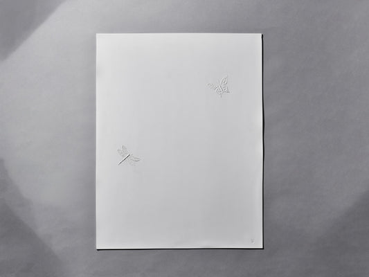 Rechteckige Biskuitfliese mit zwei feinen Insektenreliefs – Libelle und Schmetterling – auf matter, weißer Oberfläche.
Rectangular biscuit porcelain tile with two