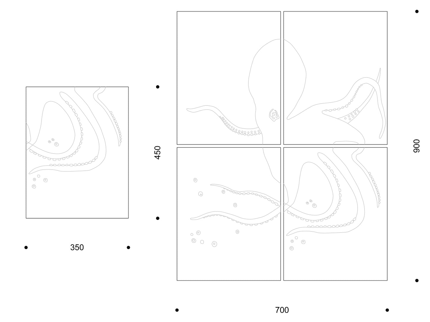 Oktopus-Dekor als 2 × 2 Wandbild 700 × 900 mm und als Einzelpaneel 350 × 450 mm.
Octopus motif as a 2 × 2 mural (700 × 900 mm) and a 350 × 450 mm single panel.