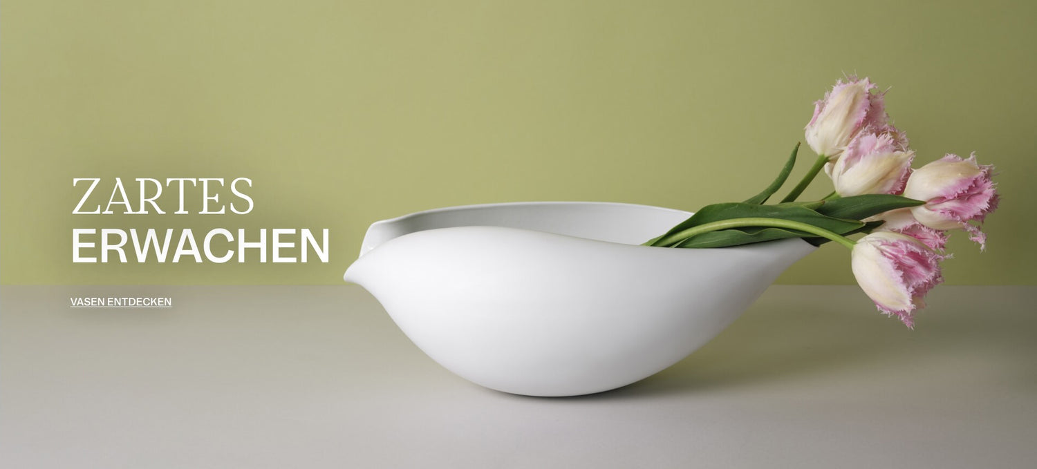 Matte weiße Porzellanvase mit roséfarbenen gefransten Tulpen vor hellgrünem Hintergrund; links steht der Text „Zartes Erwachen“ und „Vasen entdecken“.