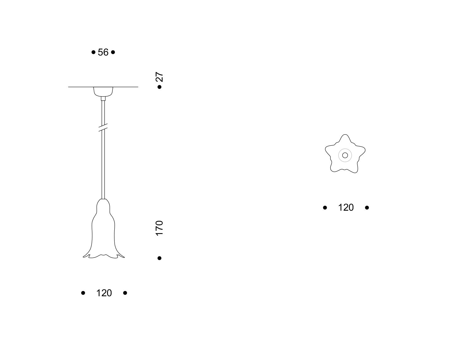 Technische Zeichnung der Pendelleuchte Gentiana Alba; Schirm Ø 120 mm, Höhe 170 mm.

Technical drawing of Gentiana Alba pendant; shade Ø 120 mm, height 170 mm.