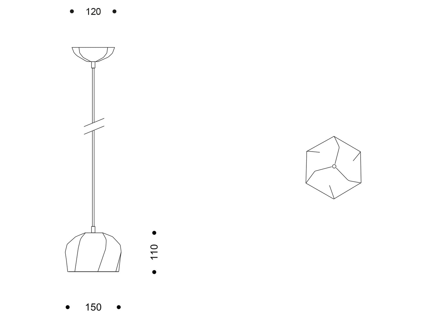 Technische Zeichnung Lightscape β, breite Pendelleuchte; Schirm Ø 150 mm, Höhe 110 mm.

Technical drawing Lightscape β, wide pendant; shade Ø 150 mm, height 110 mm.