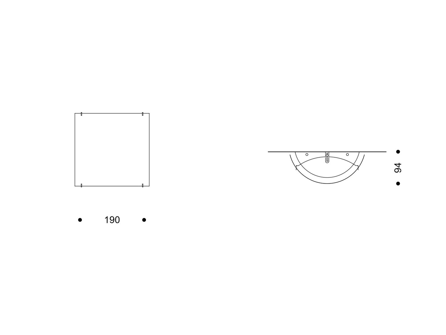 Technische Zeichnung Luna, quadratische Wand/Deckenleuchte 190 × 190 mm, Aufbauhöhe 94 mm.

Technical drawing Luna, square wall/ceiling light 190 × 190 mm, projection 94 mm.