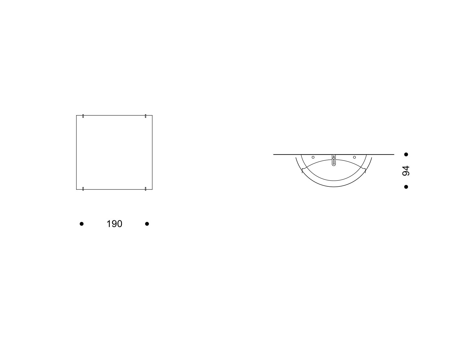 Technische Zeichnung Luna, quadratische Wand/Deckenleuchte 190 × 190 mm, Aufbauhöhe 94 mm.

Technical drawing Luna, square wall/ceiling light 190 × 190 mm, projection 94 mm.