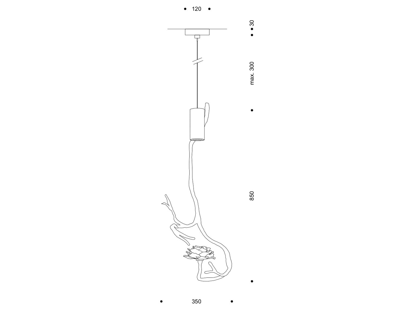 Technische Zeichnung der skulpturalen Pendelleuchte Orpheus; Gesamthöhe 850 mm, Breite 350 mm, Baldachin Ø 120 mm, Abhängung max. 300 mm.

Technical drawing of sculptural Orpheus pendant; overall height 850 mm, width 350 mm, canopy Ø 120 mm, drop max 300 mm.