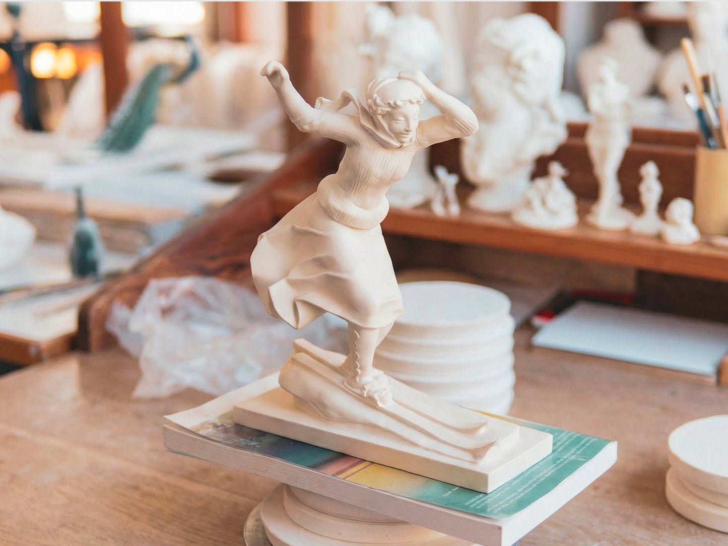 Unglasierte Porzellanfigur einer Skifahrerin auf einem Drehteller im Atelier, umgeben von weiteren weißen Modellen und Arbeitsmaterialien.

Unglazed porcelain figurine of a female skier on a turntable in the studio, surrounded by other white models and workshop materials.