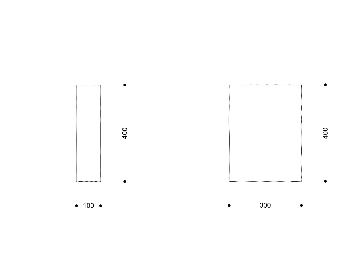 Zwei weiße Porzellanplatten mit papierartig gerissenen Kanten in 100 × 400 mm und 300 × 400 mm.

Two white porcelain slabs with paper-like torn edges, sized 100 × 400 mm and 300 × 400 mm.
