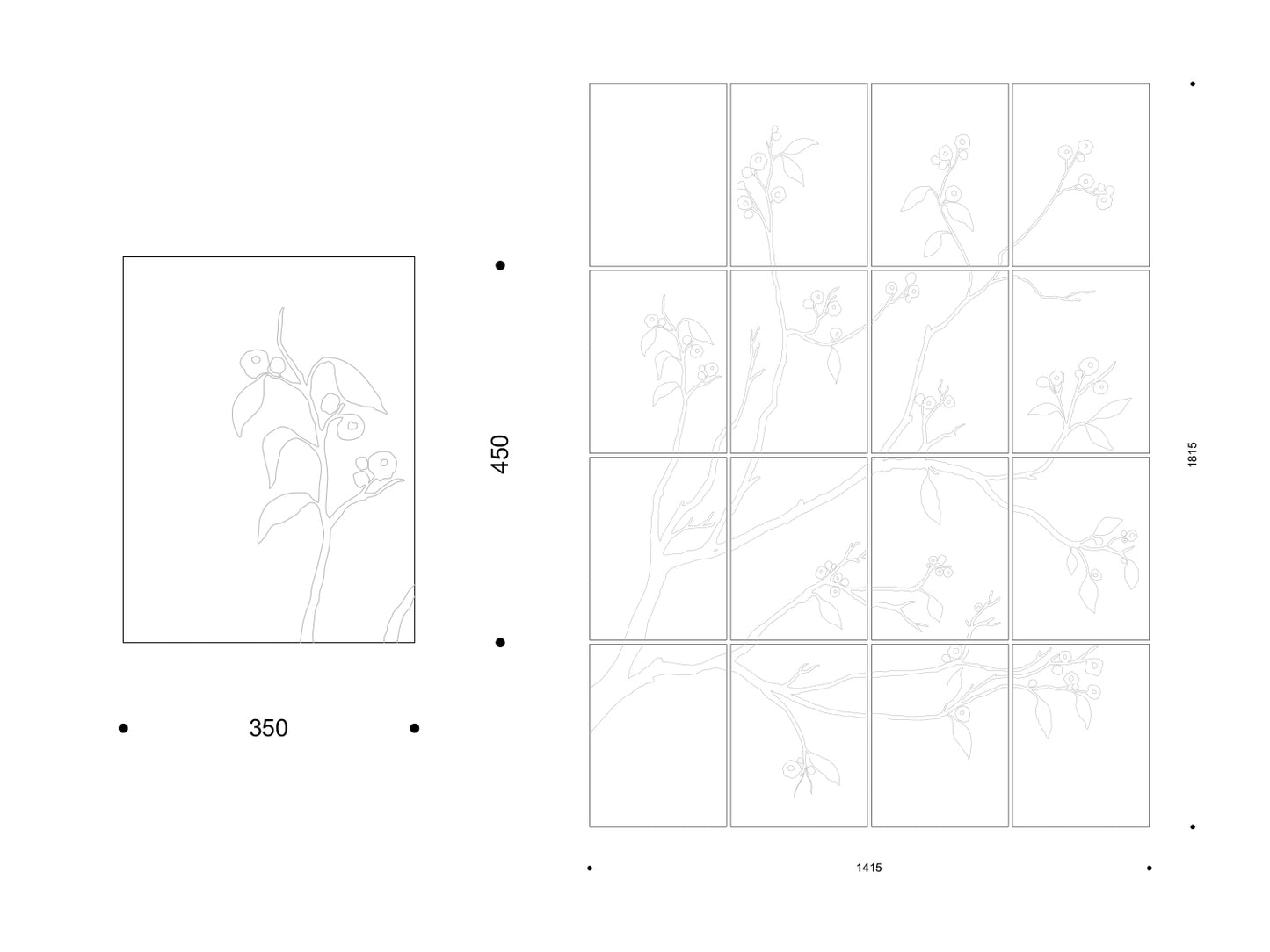 Kirschblüten-Dekor als Einzelpaneel 350 × 450 mm und als 3 × 4 Wandbild 1415 × 1615 mm.

Cherry blossom motif as a 350 × 450 mm single panel and a 3 × 4 wall mural measuring 1415 × 1615 mm.