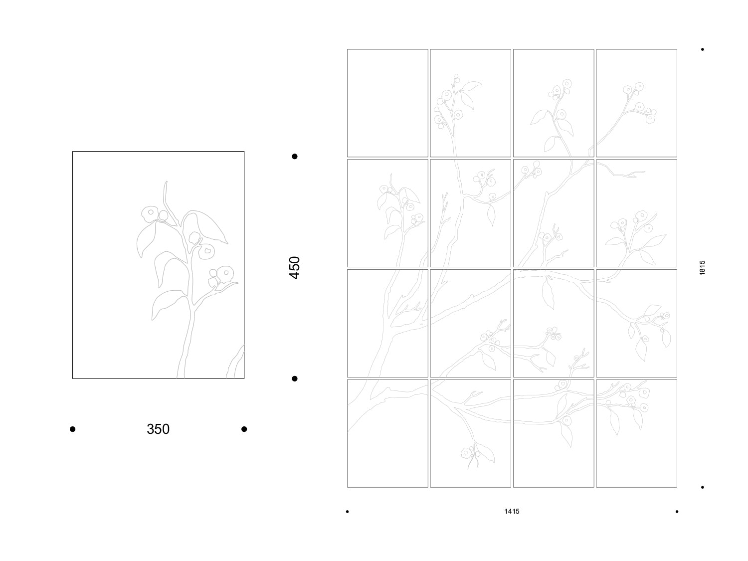 Kirschblüten-Dekor als Einzelpaneel 350 × 450 mm und als 3 × 4 Wandbild 1415 × 1615 mm.

Cherry blossom motif as a 350 × 450 mm single panel and a 3 × 4 wall mural measuring 1415 × 1615 mm.