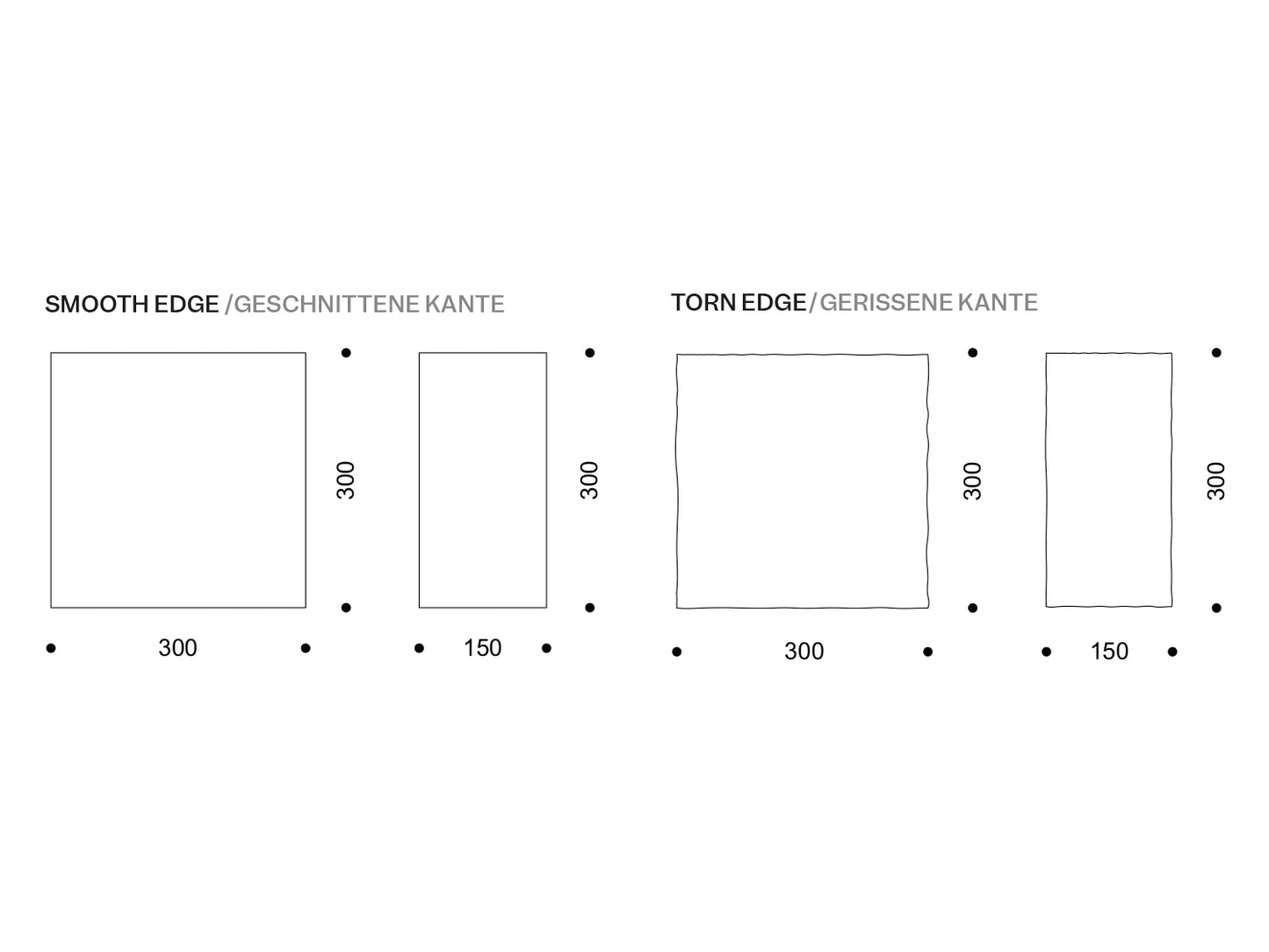 Vier Kacheln, davon zwei mit bewusst unregelmäßiger, „gerissener“ Kante, zwei mitgerader Kante: 170×250 mm, 170×170 mm, 80×160 mm und 80×80 mm (Maße beschriftet).

Four tiles, two with intentionally irregular “torn” edges, two with straight edges: 170×250 mm, 170×170 mm, 80×160 mm and 80×80 mm (dimensions labelled).