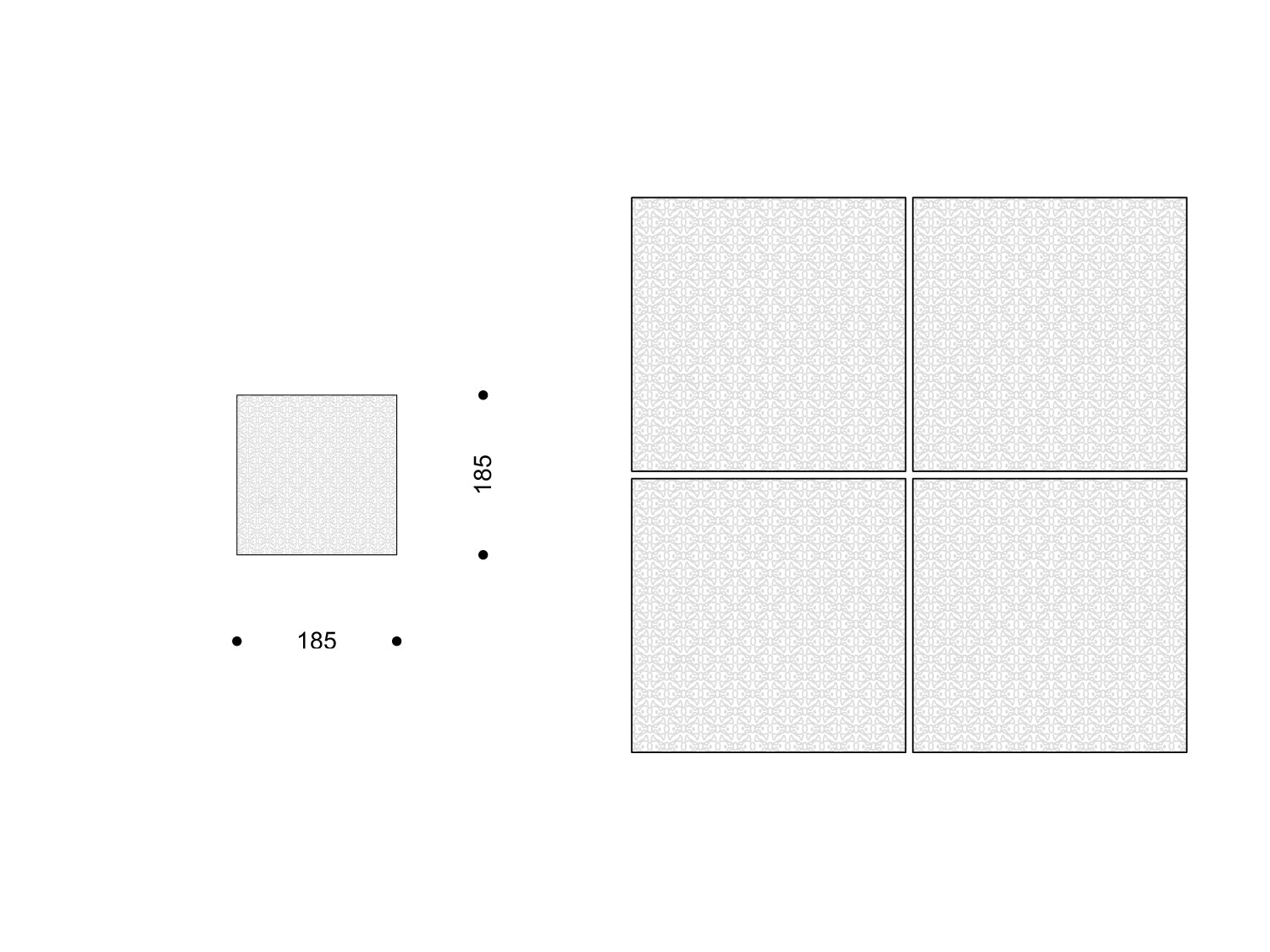 Rutschhemmende Strukturfliese 185 × 185 mm; Darstellung als 2 × 2 Anordnung.

Slip-resistant textured tile, 185 × 185 mm; shown in a 2 × 2 arrangement.