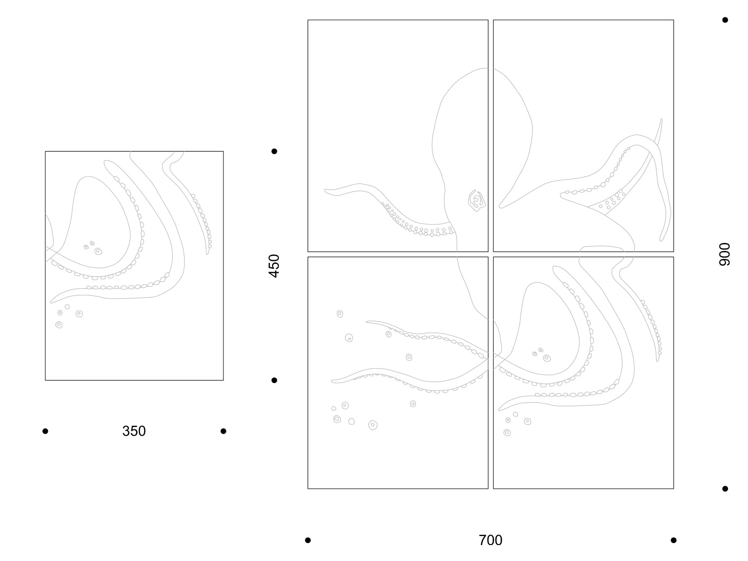 Oktopus-Dekor als 2 × 2 Wandbild 700 × 900 mm und als Einzelpaneel 350 × 450 mm.

Octopus motif as a 2 × 2 mural (700 × 900 mm) and a 350 × 450 mm single panel.