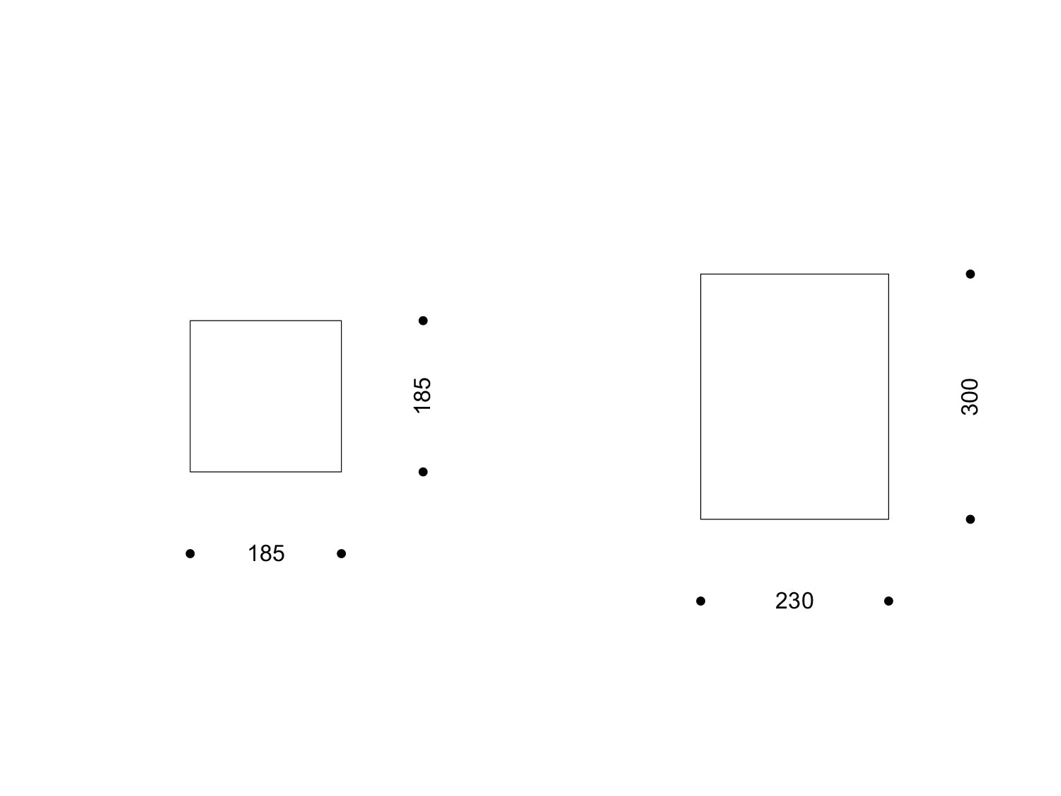 Technische Zeichnung der Fliese „Raindrops“ mit zwei Formaten: 185 × 185 mm (Quadrat) und 230 × 300 mm (Rechteck), jeweils mit Maßangaben.

Technical drawing of the “Raindrops” tile in two sizes: 185 × 185 mm (square) and 230 × 300 mm (rectangle), with dimensions.