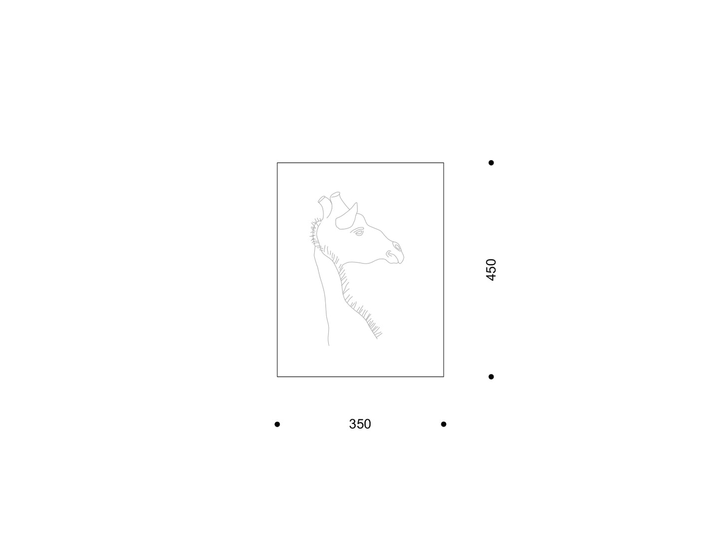 Technische Zeichnung der Fliese „Safari“ im Format 350 × 450 mm mit feiner Giraffen-Kontur; Maßangaben am Rand.

Technical drawing of the “Safari” tile, 350 × 450 mm, with a fine giraffe outline; dimensions indicated.
