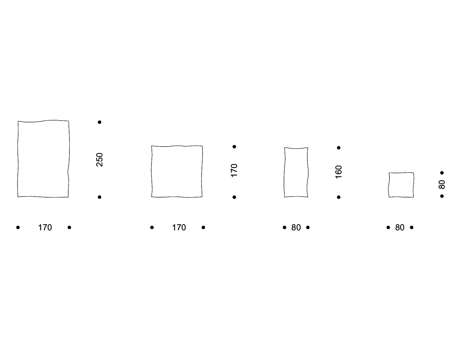 Technische Zeichnung „Snow White“ mit unregelmäßiger Kante in vier Formaten: 170 × 250 mm, 170 × 170 mm, 80 × 160 mm und 80 × 80 mm.
Alt-Text (EN): Technical drawing “Snow White” with uneven edges in four sizes: 170 × 250 mm, 170 × 170 mm, 80 × 160 mm and 80 × 80 mm.