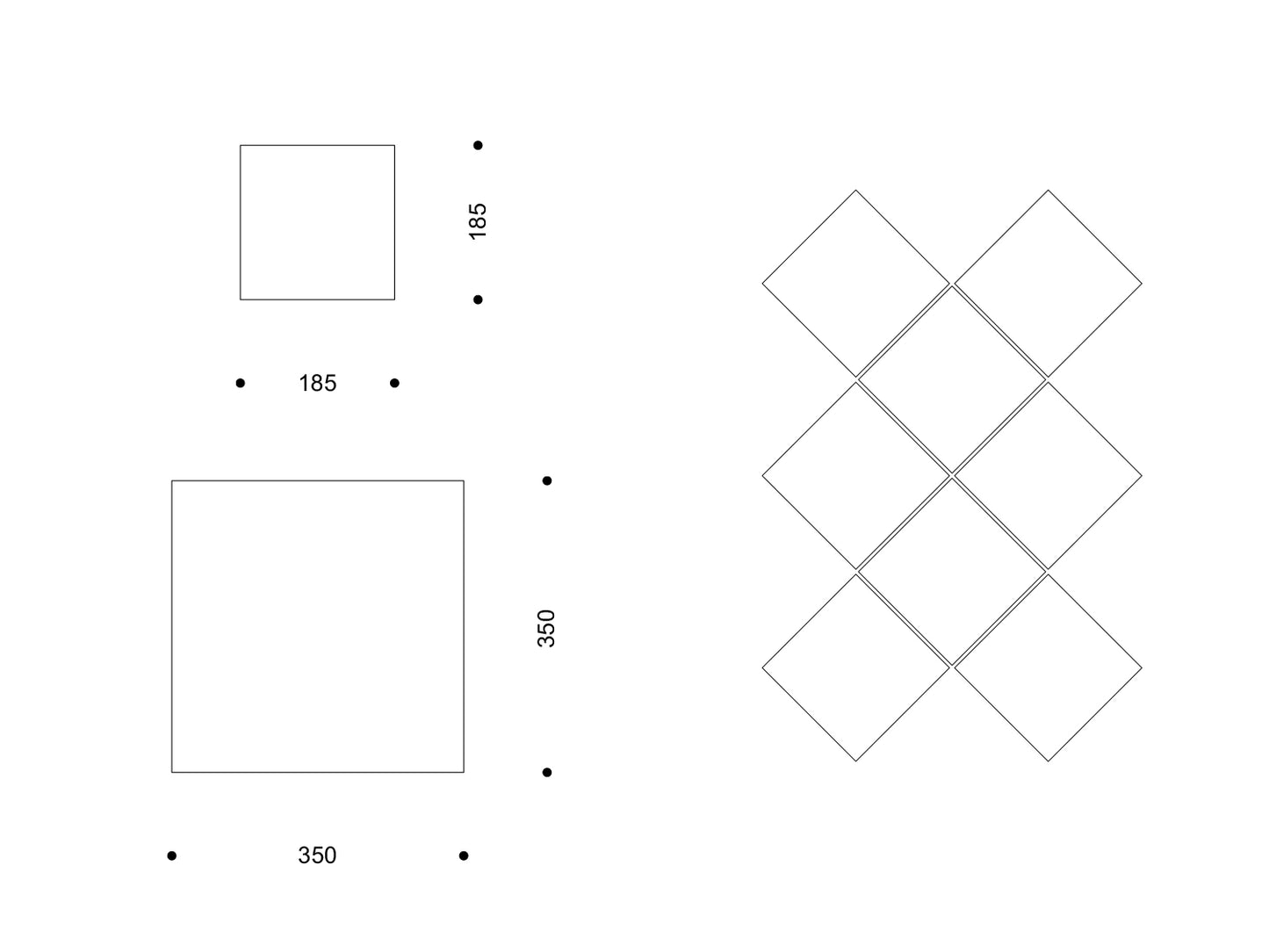 Technische Zeichnung „Terre Antique“ mit Quadratformaten 185 × 185 mm und 350 × 350 mm; rechts Verlegebeispiel als diagonales Rautenmuster.

Technical drawing “Terre Antique” in 185 × 185 mm and 350 × 350 mm squares; right side shows a diagonal diamond layout.