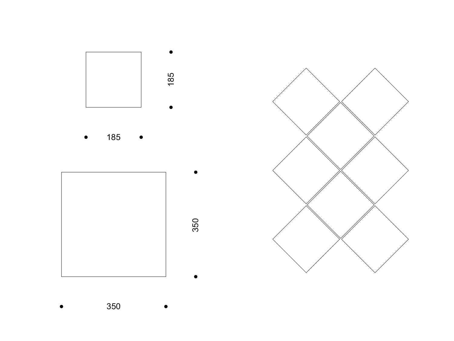 Technische Zeichnung „Terre Antique“ mit Quadratformaten 185 × 185 mm und 350 × 350 mm; rechts Verlegebeispiel als diagonales Rautenmuster.

Technical drawing “Terre Antique” in 185 × 185 mm and 350 × 350 mm squares; right side shows a diagonal diamond layout.