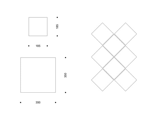 Technische Zeichnung „Terre Antique“ mit Quadratformaten 185 × 185 mm und 350 × 350 mm; rechts Verlegebeispiel als diagonales Rautenmuster.

Technical drawing “Terre Antique” in 185 × 185 mm and 350 × 350 mm squares; right side shows a diagonal diamond layout.