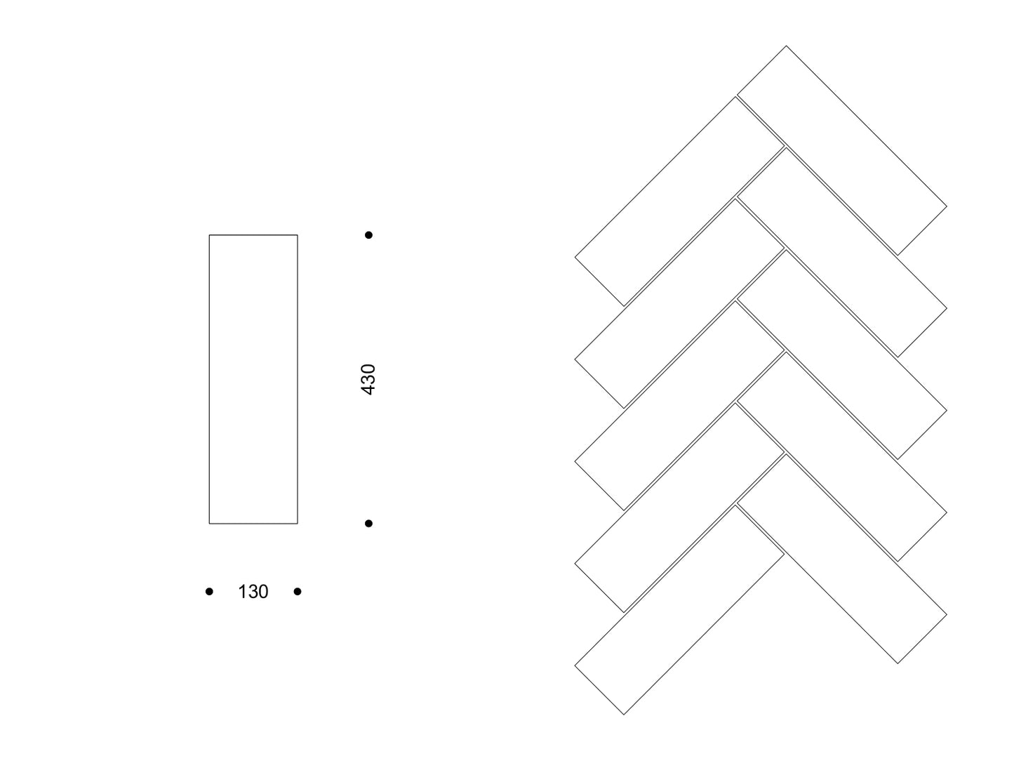 Technische Zeichnung: schmales Rechteckformat 130×430 mm und rechts ein Beispiel der Fischgrät-Verlegung mit diesen Elementen.

Technical drawing: slender rectangular tile 130×430 mm with a sample herringbone layout using this format.