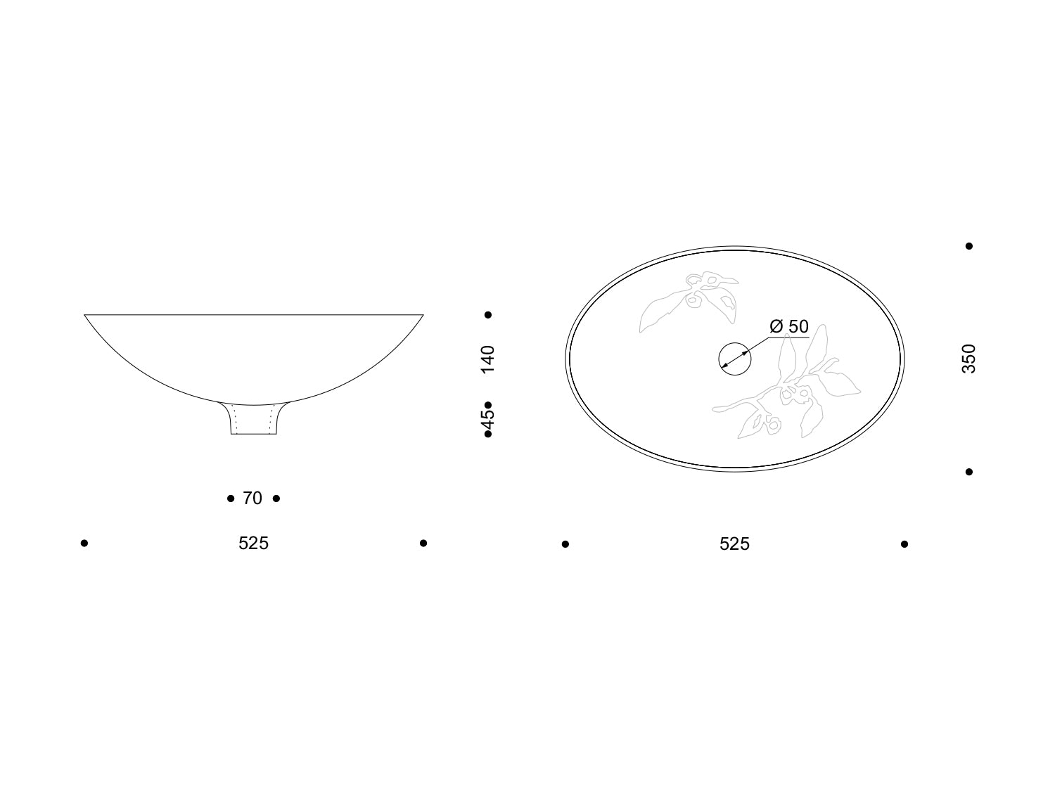 Technische Zeichnung eines ovalen Nymphenburg-Porzellanwaschbeckens „Cherry Blossom“, Außenmaß 525 × 350 mm, Höhe 140 mm, Ablauföffnung Ø 50 mm; Seiten- und Draufsicht mit dezent angedeutetem Kirschblüten-Dekor.

Technical drawing of Nymphenburg porcelain washbasin “Cherry Blossom”: oval, 525 × 350 mm, height 140 mm, waste opening Ø 50 mm; side and top view with subtle cherry blossom motif.