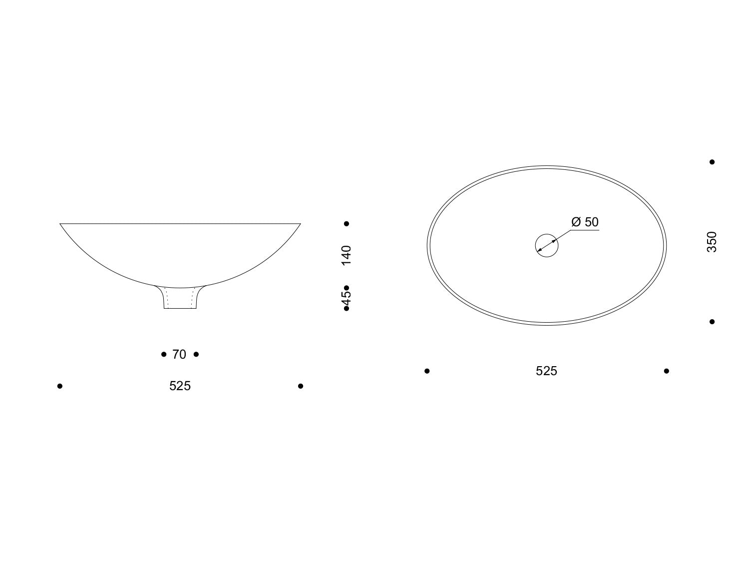 Ovale Aufsatz-Waschschale aus Porzellan, 525 × 350 × 140 mm, zentrale Ablaufbohrung Ø 50 mm; Seiten- und Draufsicht.

Oval porcelain countertop washbasin, 525 × 350 × 140 mm, central drain hole Ø 50 mm; side and top view.