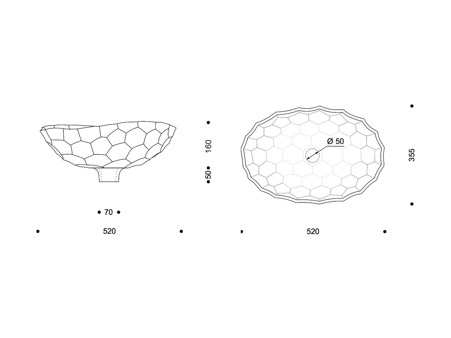 Technische Zeichnung des ovalen Nymphenburg-Waschbeckens „Tortoise“ mit schildkrötenartig segmentierter Oberfläche, 520 × 355 mm, Höhe 160 mm, Ablauföffnung Ø 50 mm; Seiten- und Draufsicht.

Technical drawing of the oval Nymphenburg “Tortoise” washbasin with turtle-shell style segmentation, 520 × 355 mm, height 160 mm, waste opening Ø 50 mm; side and top view.