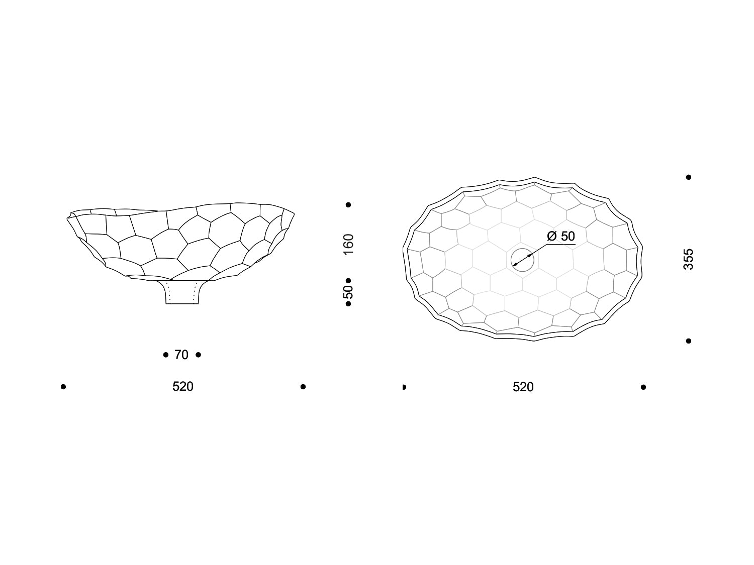 Technische Zeichnung des ovalen Nymphenburg-Waschbeckens „Tortoise“ mit schildkrötenartig segmentierter Oberfläche, 520 × 355 mm, Höhe 160 mm, Ablauföffnung Ø 50 mm; Seiten- und Draufsicht.

Technical drawing of the oval Nymphenburg “Tortoise” washbasin with turtle-shell style segmentation, 520 × 355 mm, height 160 mm, waste opening Ø 50 mm; side and top view.